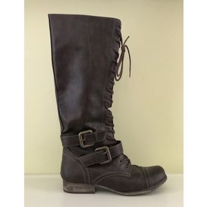 Brown Lace Faux Leather up Fall Buckle Belt Boots